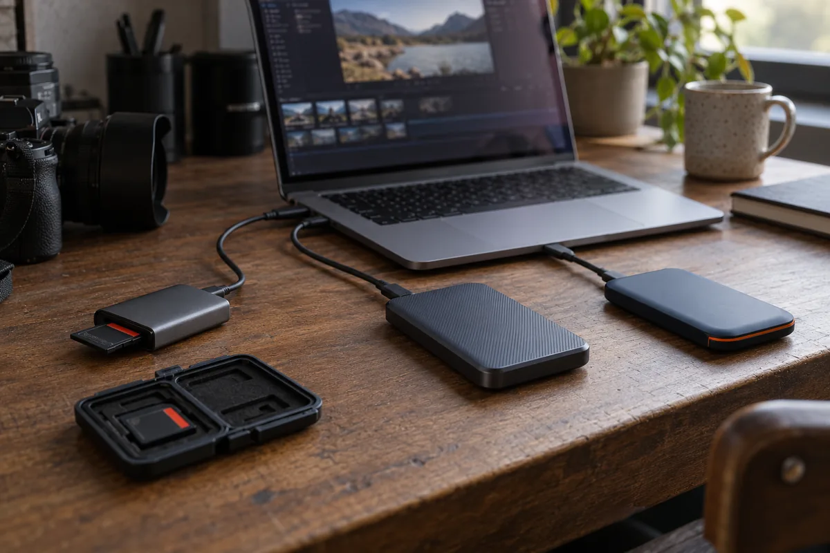 AI-generated media-offload workstation with a laptop, card reader, camera card case and two separate portable drives.
