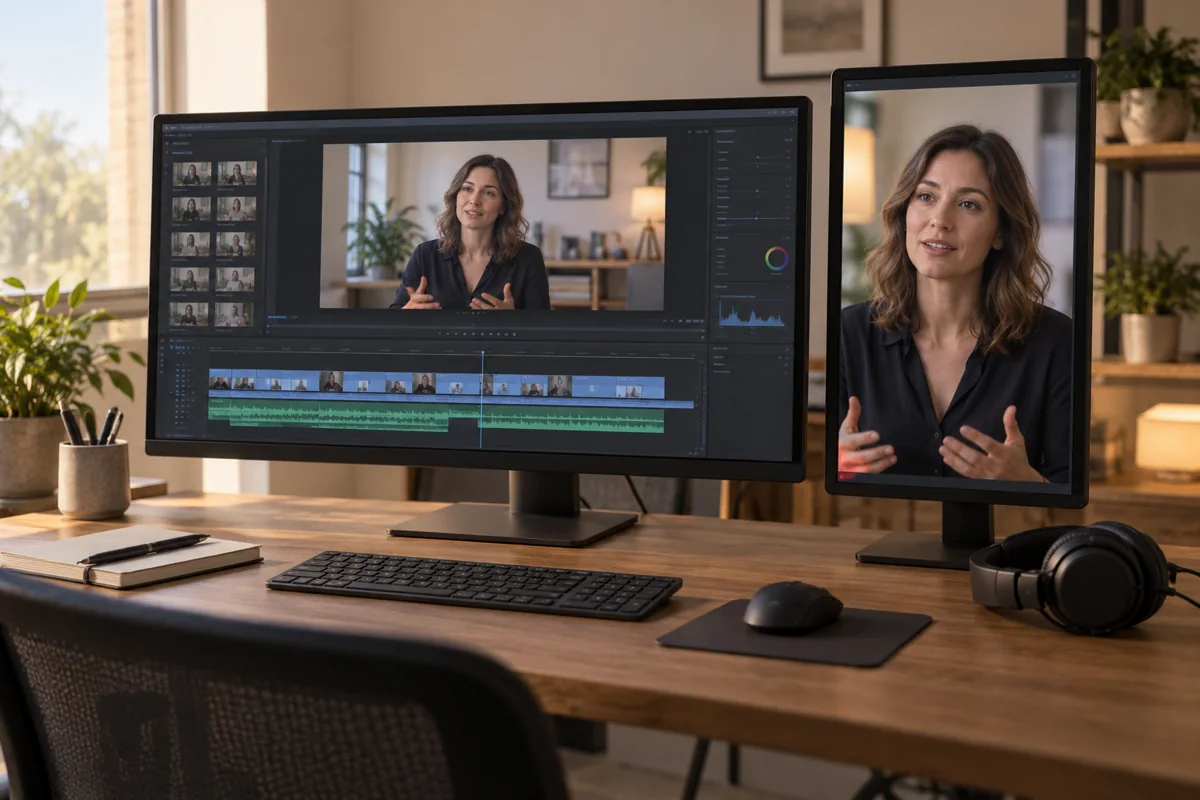 AI-generated editing desk with wide and portrait displays showing a fictional interview speaker in different compositions.