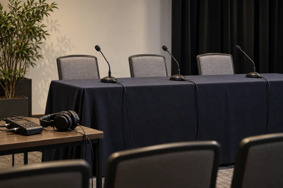AI-generated empty panel room with three chairs, tabletop gooseneck microphones, and a separate recorder and headphones in the foreground.