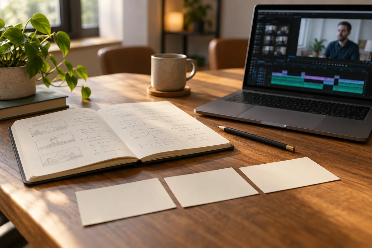 AI-generated planning desk with an open notebook, three blank cards and a laptop showing a fictional interview edit.